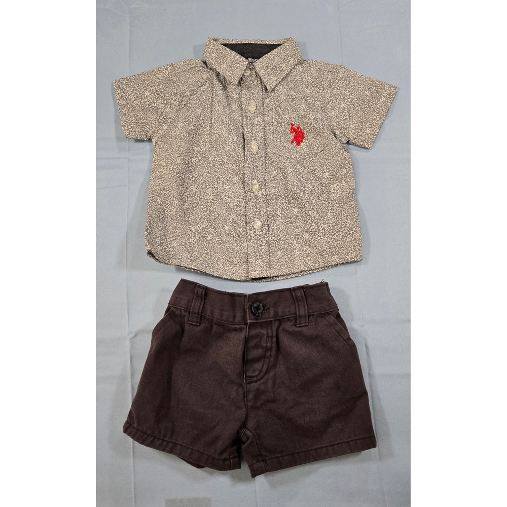 US Polo Assn Baby Boys 2pc Set Shirt and Shorts Gray Brown 6-9 Months